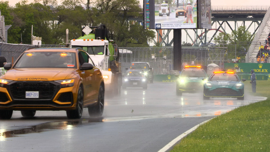 2024 Canadian GP FP1: Fleet of service vehicles hit the track to try to clear the standing water in first practice