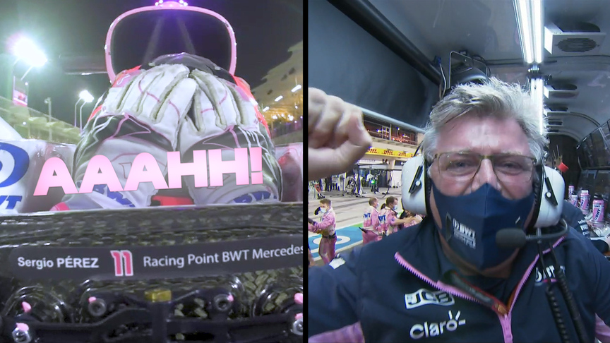 SIDE-BY-SIDE: Racing Point garage erupts as Sergio Pérez wins Sakhir Grand Prix
