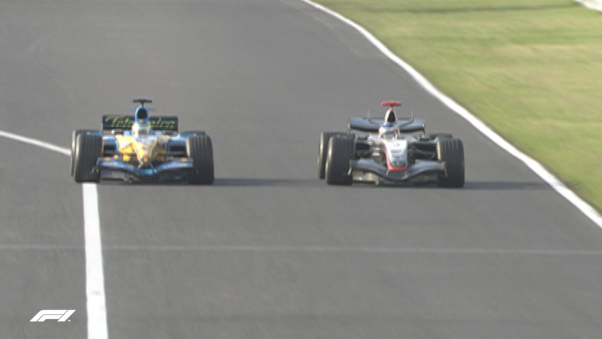 Japan 2005 - Raikkonen puts a mega move on Fisichella for the win