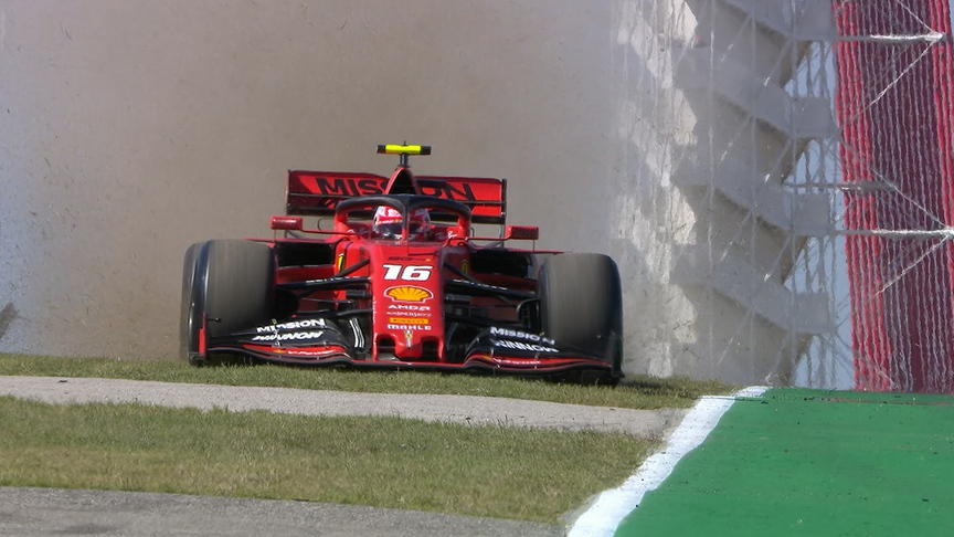 FP1: Leclerc kicks up the dirt as he takes to Turn 9 grass