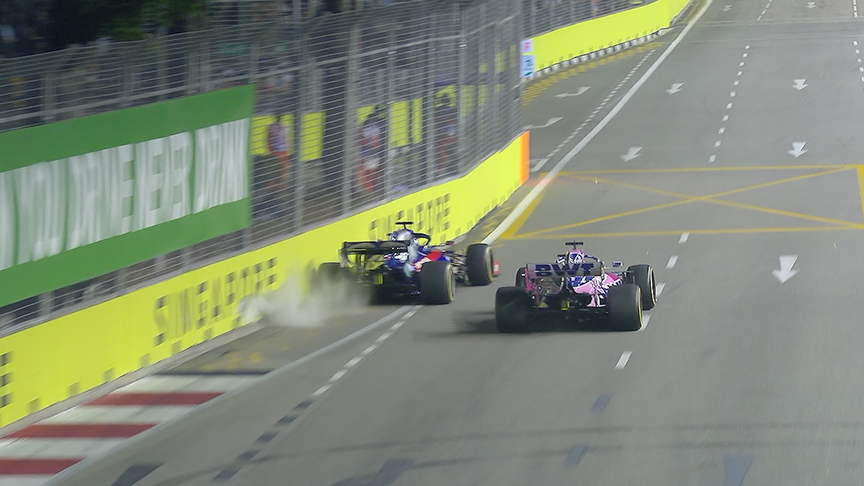 Singapore GP: Kvyat strikes the wall mid-battle with Perez