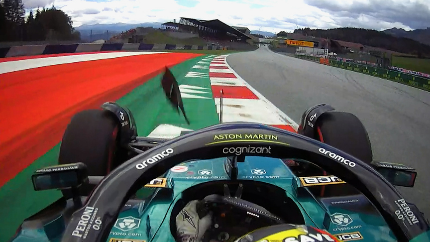 2022 Austrian GP FP2: Vettel loses bodywork after running hard over the kerbs at Turn 10