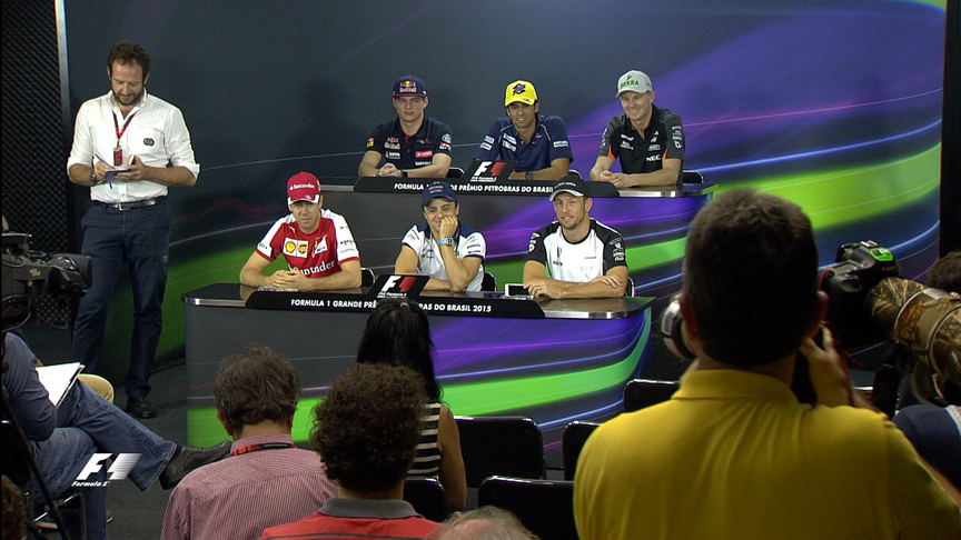 The drivers face the press in Brazil