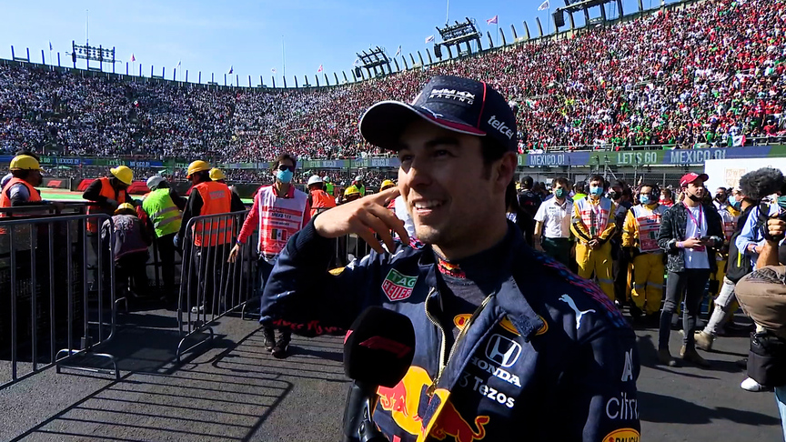 Pérez's son joins him in parc ferme interview after emotional P3 finish in Mexico