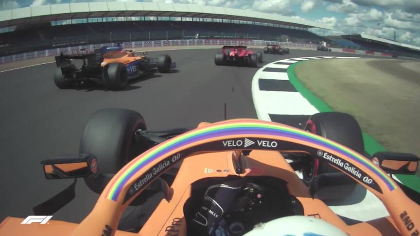 Great Britain 2020: Onboard as Norris and Sainz battle for fifth on opening lap