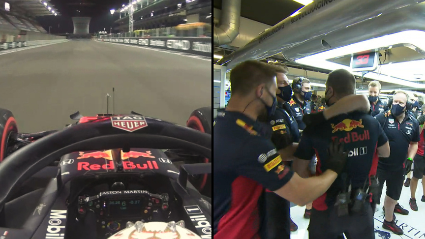 SIDE-BY-SIDE: Red Bull garage react to Verstappen's Abu Dhabi pole position