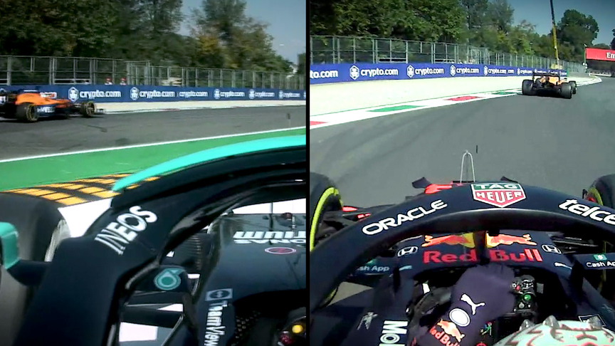 2021 Italian Grand Prix: Onboard with Lewis Hamilton and Max Verstappen during close battle on Lap 1