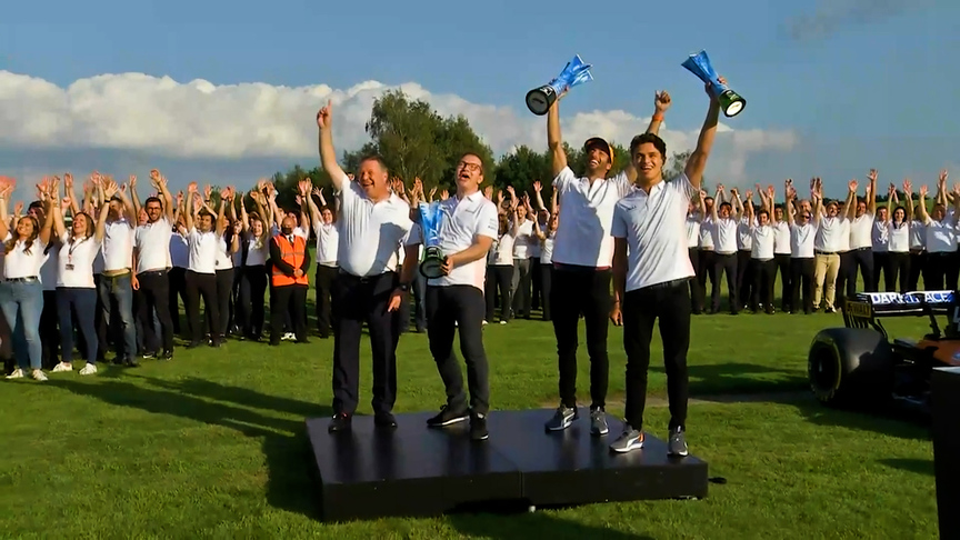 McLaren celebrate their Monza triumph back at HQ