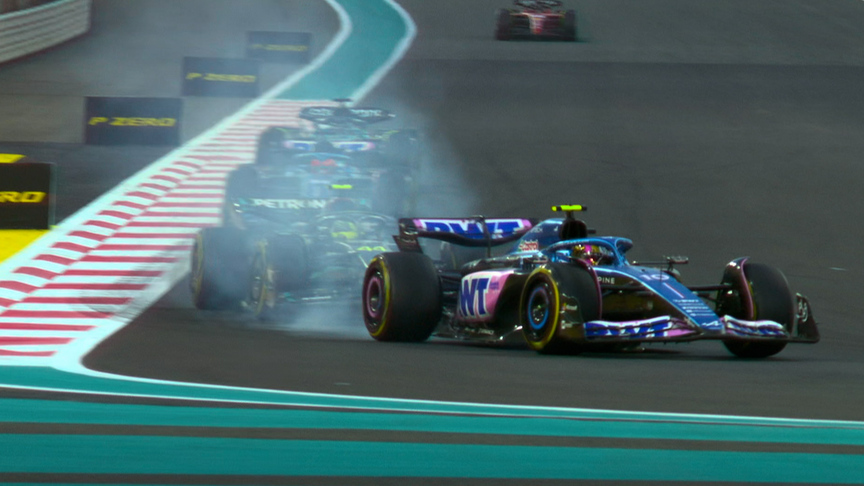 2023 Abu Dhabi Grand Prix: Hamilton damages his front wing after contact with Gasly