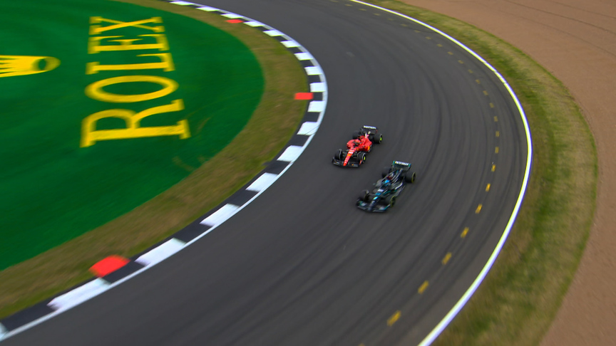 2023 British Grand Prix: Russell takes Leclerc with brilliant move around the outside at Luffield