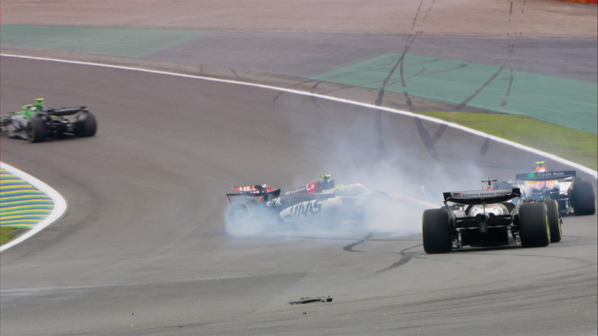 2025 Sao Paulo GP Sprint: Bearman spins after contact with Lawson on Lap 1
