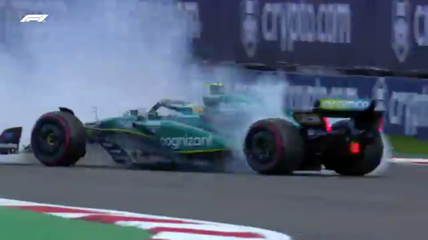 2023 Mexico City GP FP2: Alonso avoids the barriers after spin at Turn 9