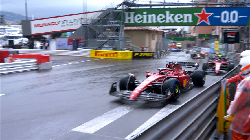 2022 Monaco Grand Prix: Leclerc leads the field away on a rolling start after rain delays the race
