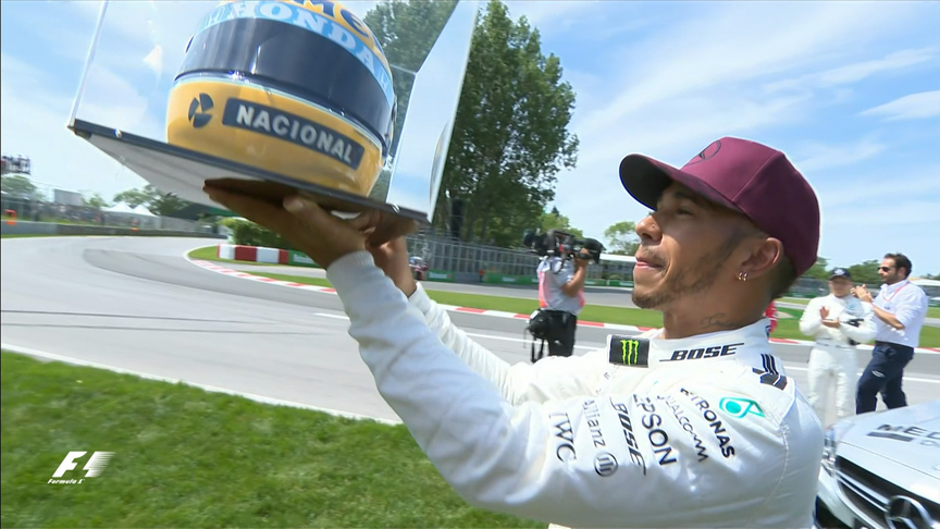 Hamilton gifted helmet after matching Senna's pole record