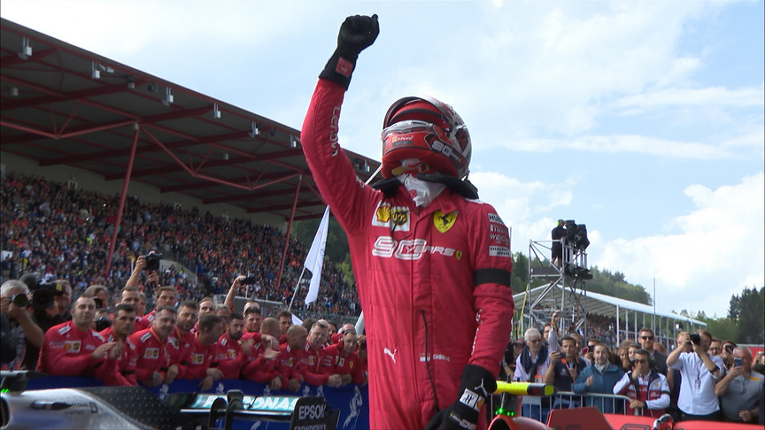 BELGIUM GP: Charles Leclerc crosses the line to claim his debut win