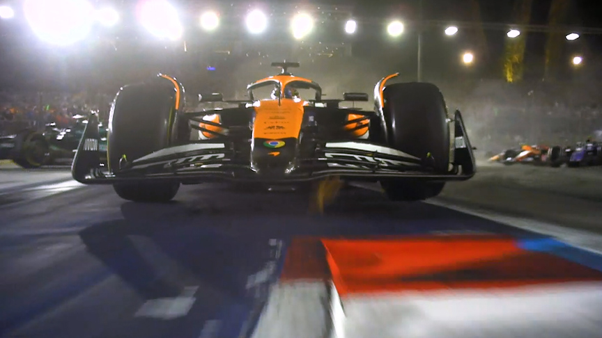 2024 Singapore Grand Prix: Brilliant rear angle view as Hulkenberg passes Piastri on the race start