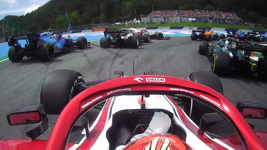 ONBOARD: Räikkönen passes four cars in Turn 3 chaos at Styrian Grand Prix race start