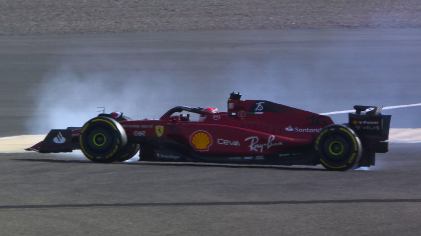 2022 Bahrain GP FP1: Leclerc spins his Ferrari at Turn 11