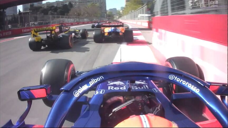 AZERBAIJAN GP: Albon clips the Turn 1 wall at start