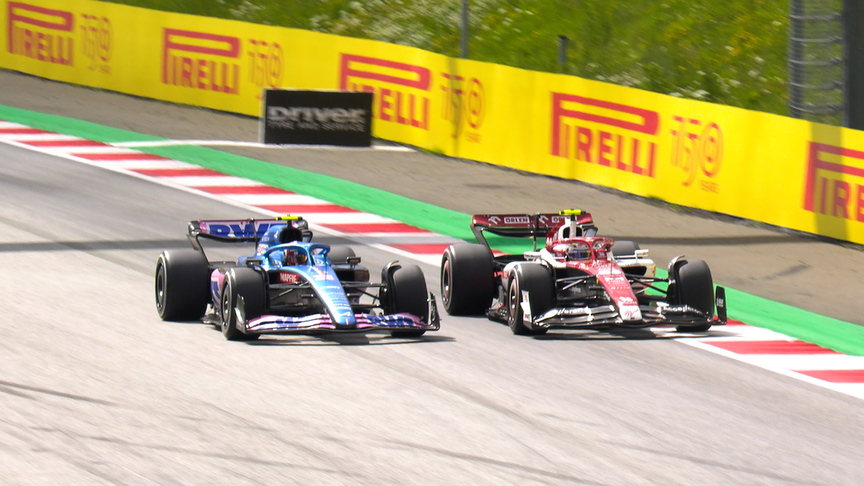 2022 Austrian Grand Prix: Ocon dives down the inside to take Zhou, then Tsunoda at Turn 4
