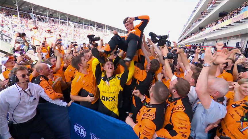 2024 Miami Grand Prix: Norris celebrates with his McLaren team after his maiden Grand Prix win