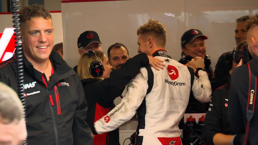 2023 Canadian GP Qualifying: Hulkenberg celebrates with Haas team after taking P2 on the grid