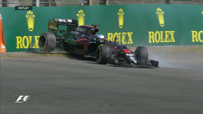 FP1: Early spin puts Alonso into the barriers