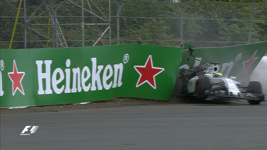 FP1: Massa backs it into the Turn 1 barriers