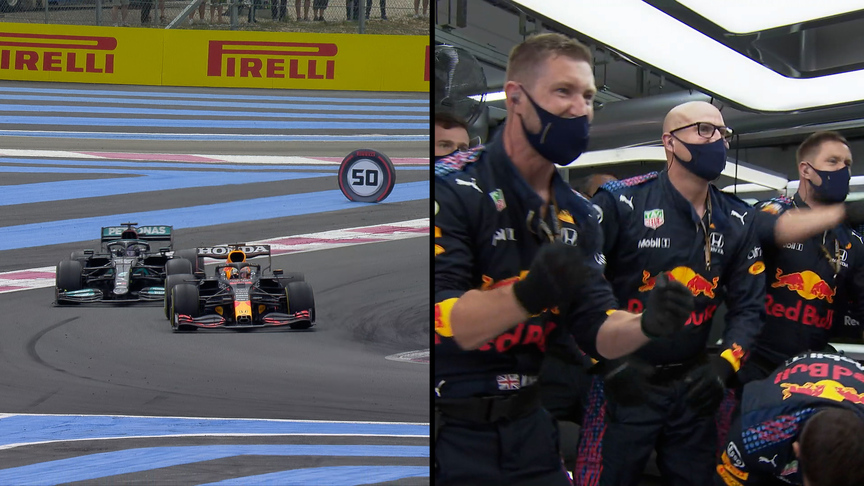 SIDE-BY-SIDE: Red Bull mechanics celebrate Verstappen’s race-winning move at French GP