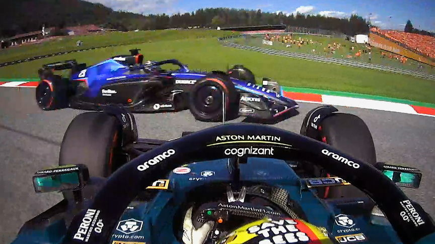 2022 Austrian GP Sprint: Albon and Vettel make contact with the Aston Martin spinning off into the gravel