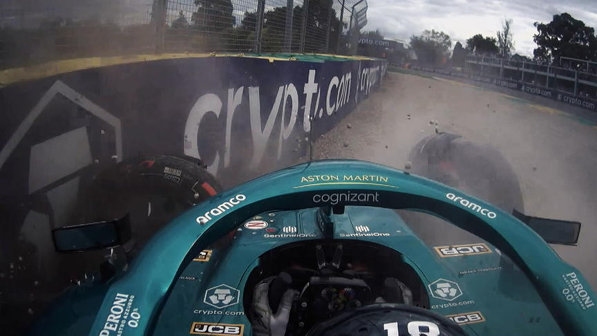 2022 Australian GP FP3: Second Aston Martin car of Lance Stroll crashes into the barrier