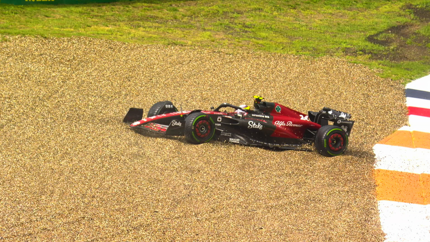 2023 Dutch GP FP3: Zhou beaches his Alfa Romeo in the gravel after spin in final practice