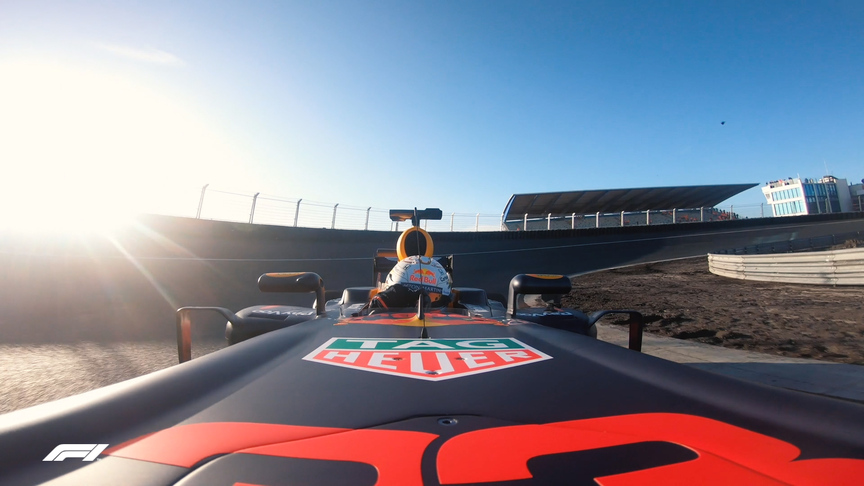 Max Verstappen drives an F1 car on Zandvoort's new banking