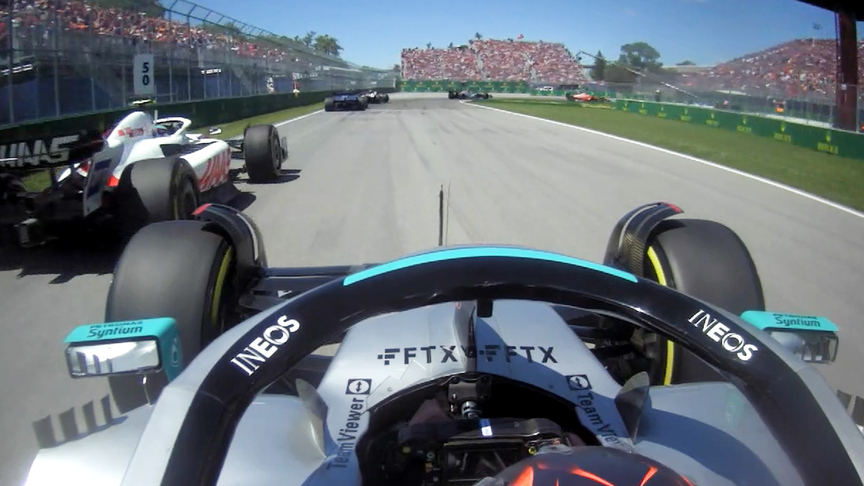 2022 Canadian Grand Prix: Onboard with Russell as he passes three cars to take P5 early in the race