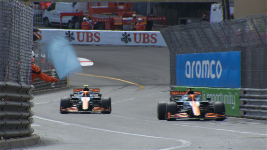 2021 Monaco Grand Prix: Norris waves as he laps McLaren team mate Ricciardo