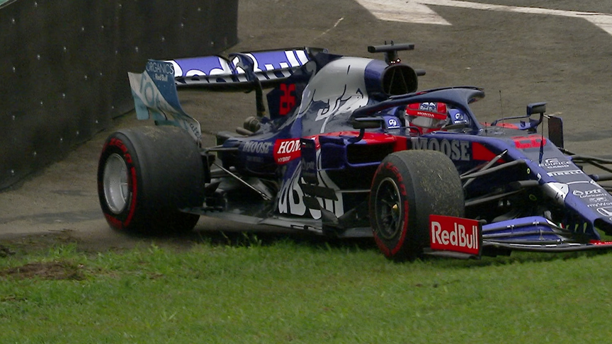 FP2: Late red flag as Kvyat slides off into tyre wall
