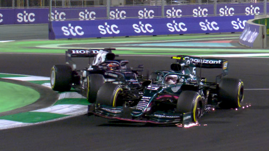 2021 Saudi Arabian Grand Prix: Tsunoda loses front wing in collision with Vettel