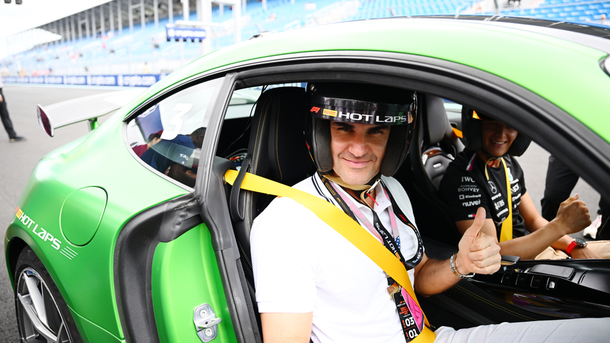 Mick Schumacher takes tennis star Roger Federer for a Pirelli Hot Lap around Miami International Autodrome