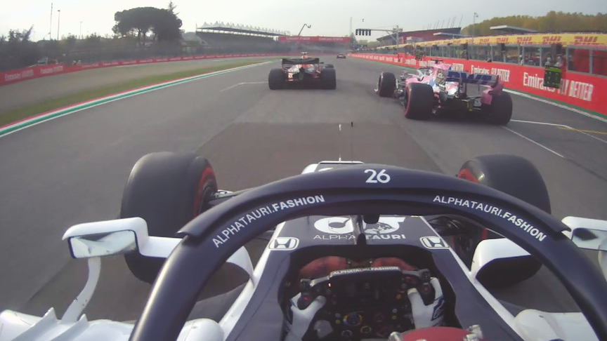 ONBOARD: Kvyat blasts through field at Emilia Romagna GP restart