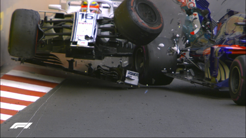 RACE: Leclerc slams into Hartley after suspected brake issue