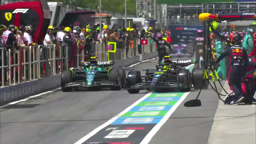 2023 Canadian Grand Prix: Close call as Hamilton just gets out ahead of Alonso in the pits