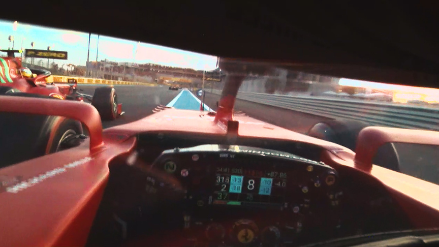 VISOR CAM: Leclerc goes three abreast with Sainz and Norris at Abu Dhabi race start