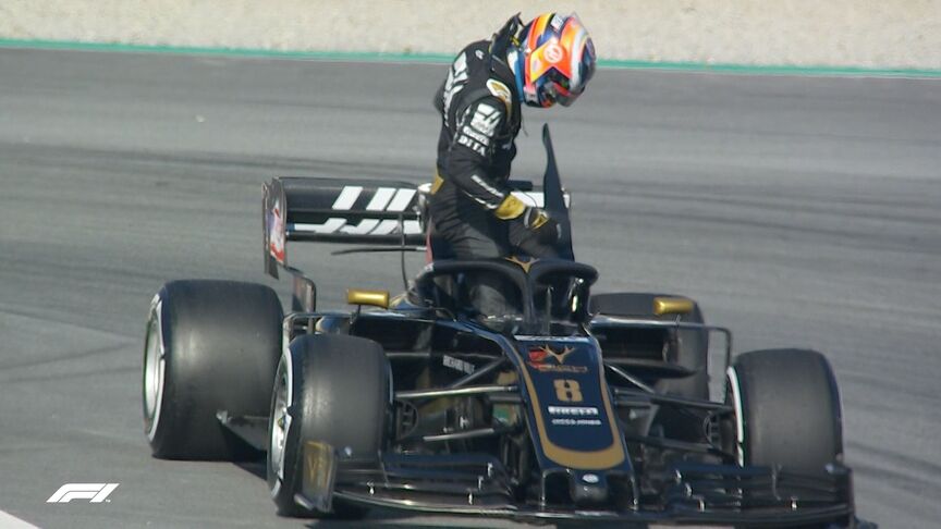 Testing Day 1: Grosjean's Haas comes to a halt on track