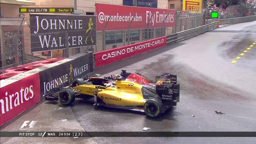 Race: Kvyat and Magnussen collide at Rascasse
