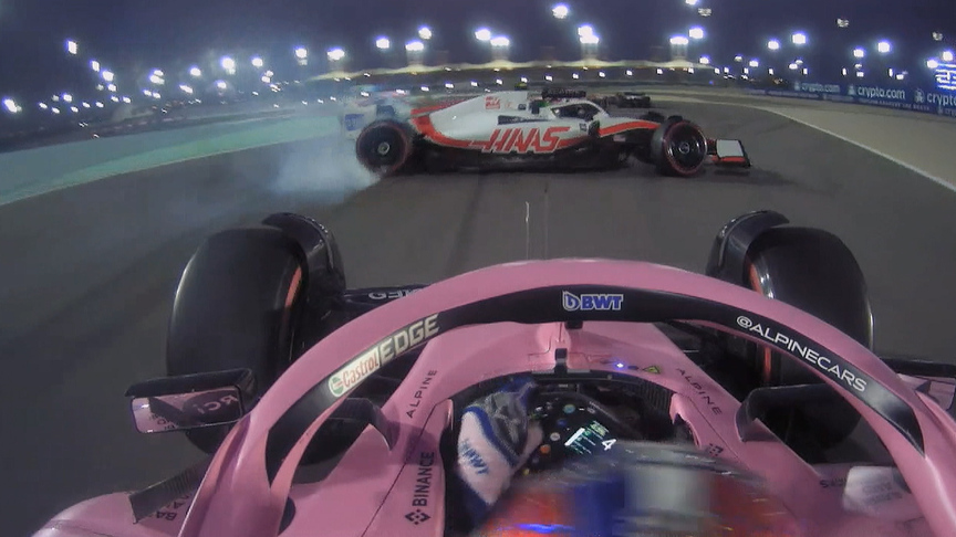 2022 Bahrain Grand Prix: Ocon taps Schumacher into 360 spin on Lap 1