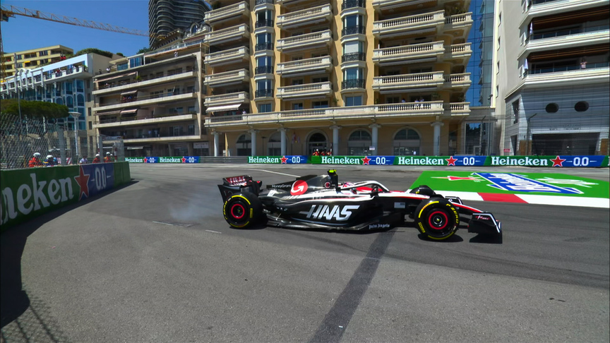 2023 Monaco GP FP1: Hulkenberg puncture after brush with the wall triggers red flag
