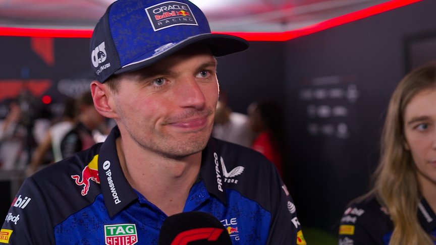 Verstappen talks through his drag race to the finish line with Russell