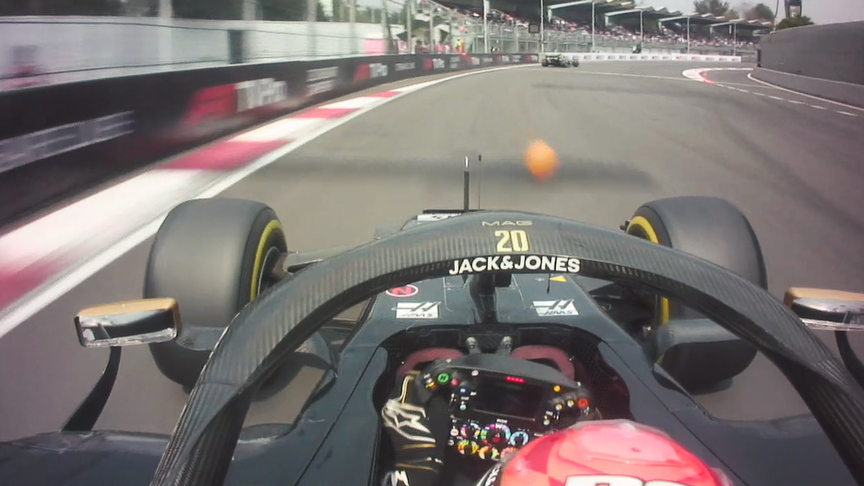 ONBOARD: Kevin Magnussen runs over stray balloon in Mexico