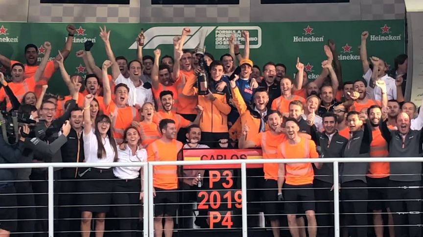 Carlos Sainz celebrates first F1 podium with McLaren team