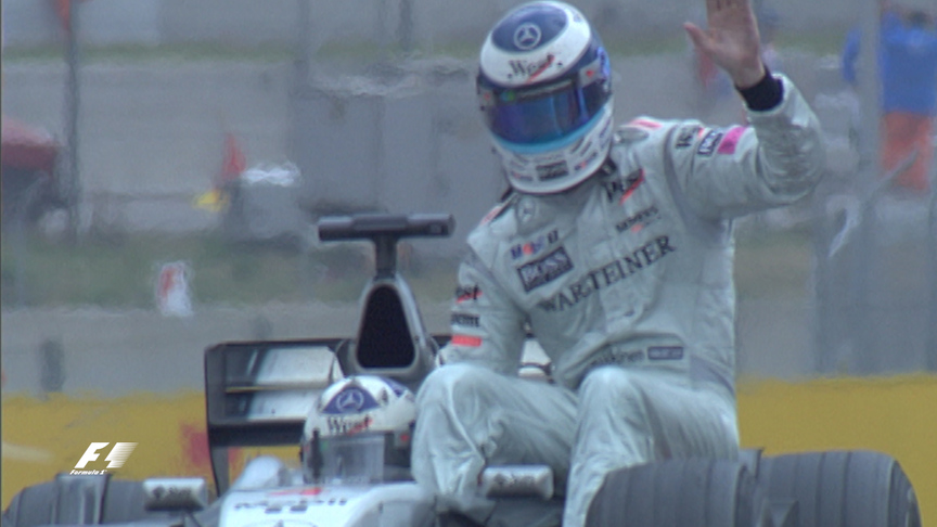 Hakkinen retires from the 2001 Spanish Grand Prix five corners from the finish